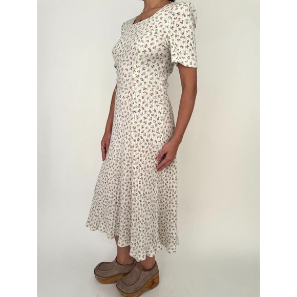 80s vintage floral print coquette prairie fitted ribbed cotton long midi dress - Picture 2 of 8